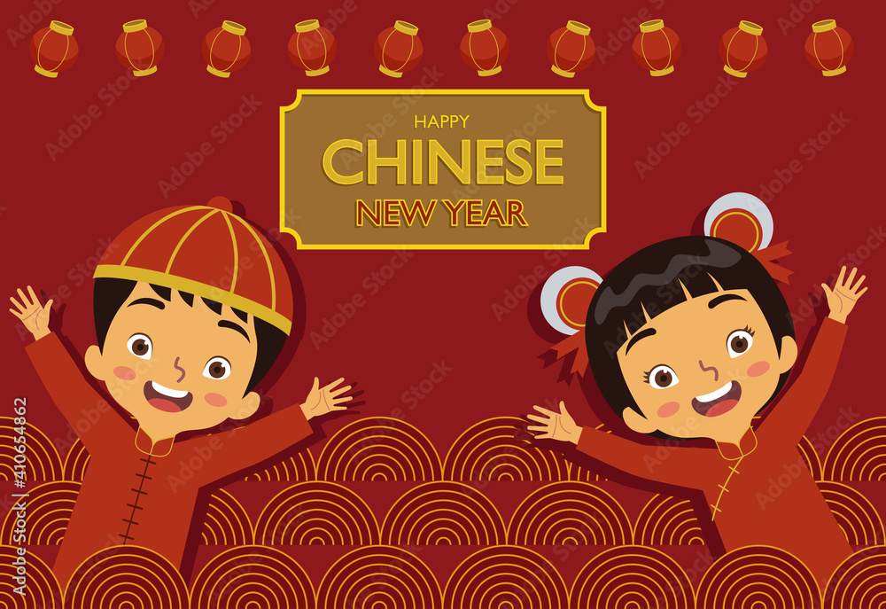 Illustration or vector of Chinese New Year greetings with cute chinese boy and girl wearing chinese traditional clothes on red background.