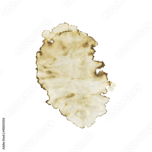 Stain of coffee on paper. Element isolated on white background. Brown stain like old map. Perfect for print, vintage design.