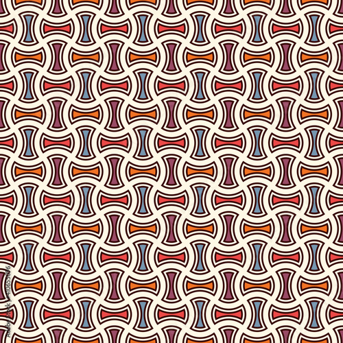 Apple core quilts texture. Bow tie motif. Seamless surface pattern design with interlocking axehead figures.