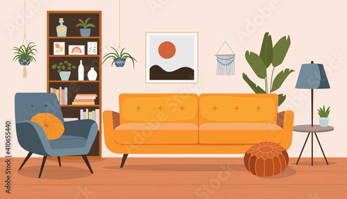 Living room interior. Comfortable sofa,  bookcase, chair and house plants. Vector flat style cartoon illustration.