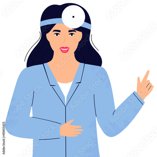 Woman otolaryngologist doctor with head reflector. Vector illustration