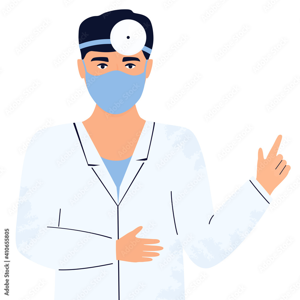 Man otorhinolaryngologist doctor in protective mask and head reflector Man otorhinolaryngologist doctor in protective mask and head reflector