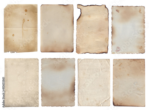 Set of Old various vintage rough paper with scratches and stains texture isolated