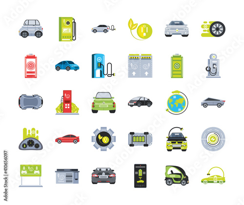 electric car icon set with charger station, battery power and plug