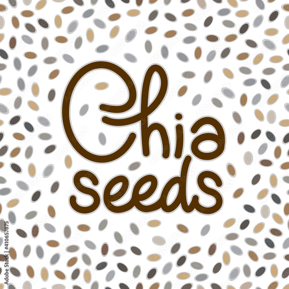 Chia seeds logo vector with handwritten lettering with a scattering of seeds around. Healthy food, superfood. handmade logotype for package, brand. Chia seeds logo vector with handwritten lettering with a scattering of seeds around. Healthy food, superfood. handmade logotype for package, brand.
