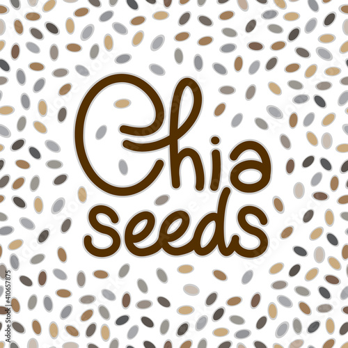 Chia seeds logo vector with handwritten lettering with a scattering of seeds around. Healthy food, superfood. handmade logotype for package, brand.