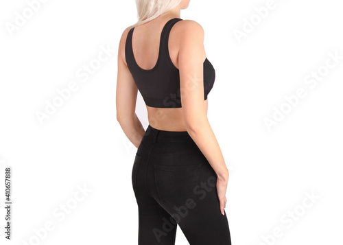 Post surgery compression bra for breast cancer patient after mastectomy. Breast augmentation prosthesis. Post-surgery posture corrector shaper with breast support band. Plastic surgery. photo