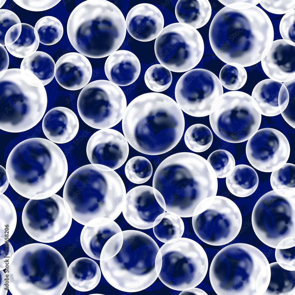 Seamless raster pattern. White transparent bubbles of different sizes scattered chaotically on a blue background.