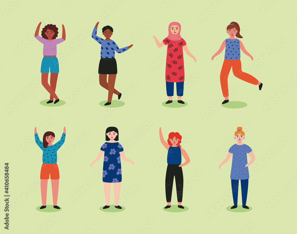 group of eight young women standing avatars characters