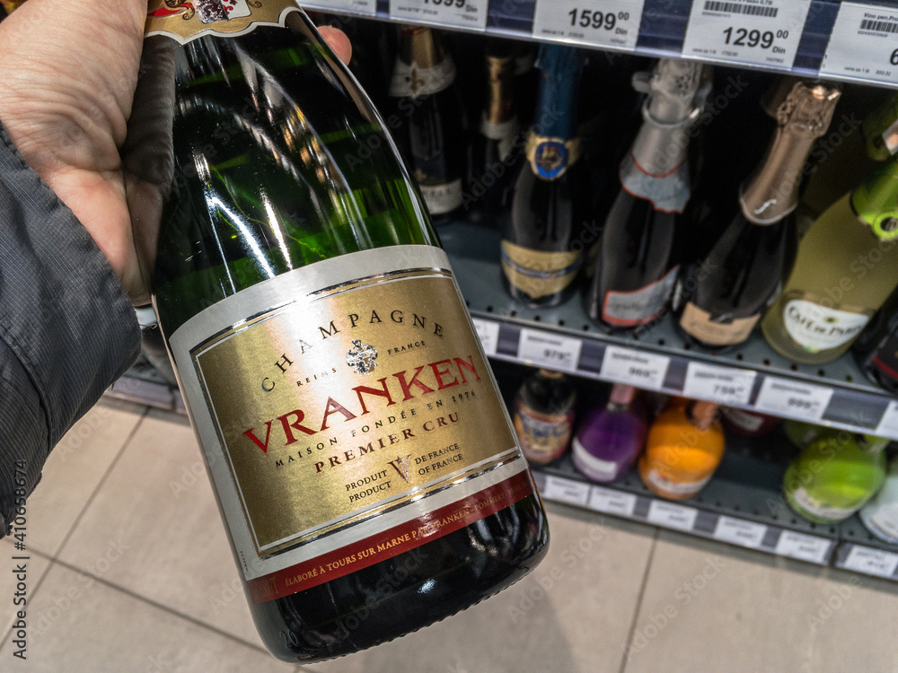 PARIS, FRANCE - JANUARY 20, 2021: Vranken champagne logo on bottles on  display in a shop. Part