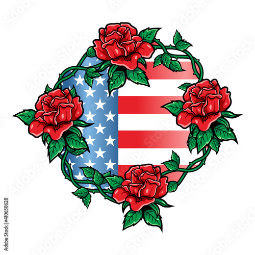 illustration of skull head with American flag, guns and red roses