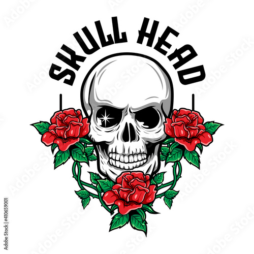 illustration of skull head with American flag, guns and red roses