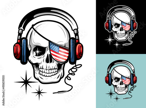 illustration of skull head with American flag, guns and red roses