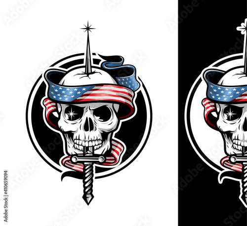 illustration of skull head with American flag, guns and red roses