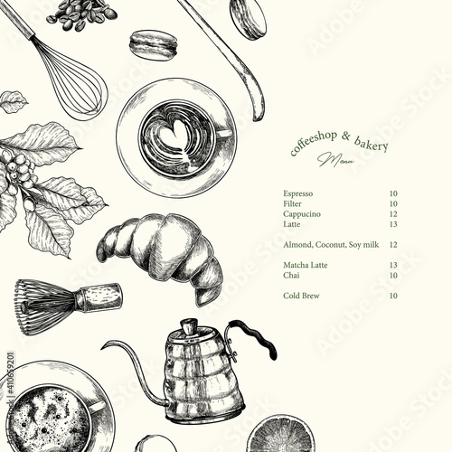 Coffeeshop and bakery set. Hand drawn coffee, matcha, croissant, macaron, kettle, mug, chasen, beans, food, barista equipment. Vector engraved composition. Restaurant branding template, menu design. photo