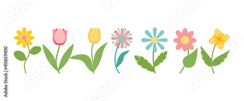 Set of cute flowers in pastel colors, isolated on white background. Cartoon style. Suitable for greeting cards, textiles, holiday printing. Vector illustration
