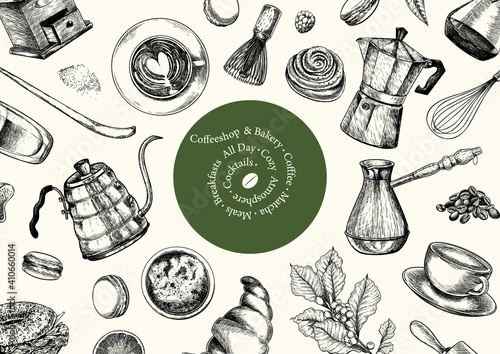 Coffeeshop and bakery set. Hand drawn coffee, matcha, croissant, macaron, kettle, mug, chasen, beans, food, barista equipment. Vector engraved composition. Restaurant branding template, menu design.
