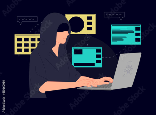 Hacker next to laptop. Vector illustration Cartoon flat design modern style.