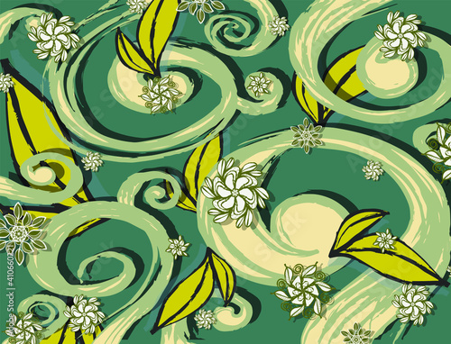 Three-dimensional illustration with green lianas, flowers and leves on the teal background