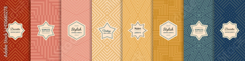 Vector geometric seamless patterns collection. Set of stylish pastel backgrounds with elegant minimal labels. Abstract modern textures with lines, stripes. Trendy colors. Repeated designs templates