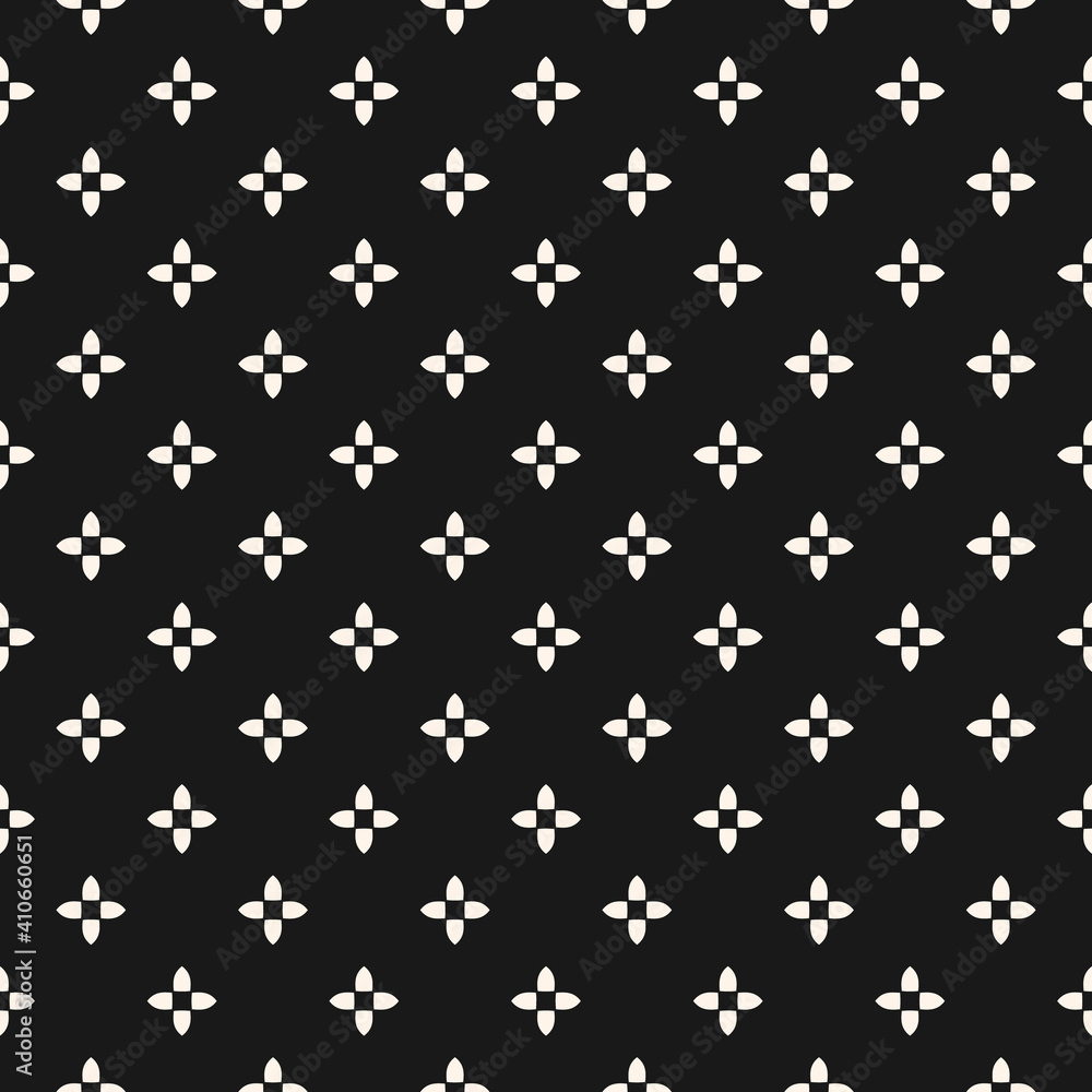 Simple abstract floral seamless pattern in Gothic style. Black and white vector texture with small flower silhouettes, crosses. Elegant minimal monochrome background. Dark repeated decorative design Simple abstract floral seamless pattern in Gothic style. Black and white vector texture with small flower silhouettes, crosses. Elegant minimal monochrome background. Dark repeated decorative design