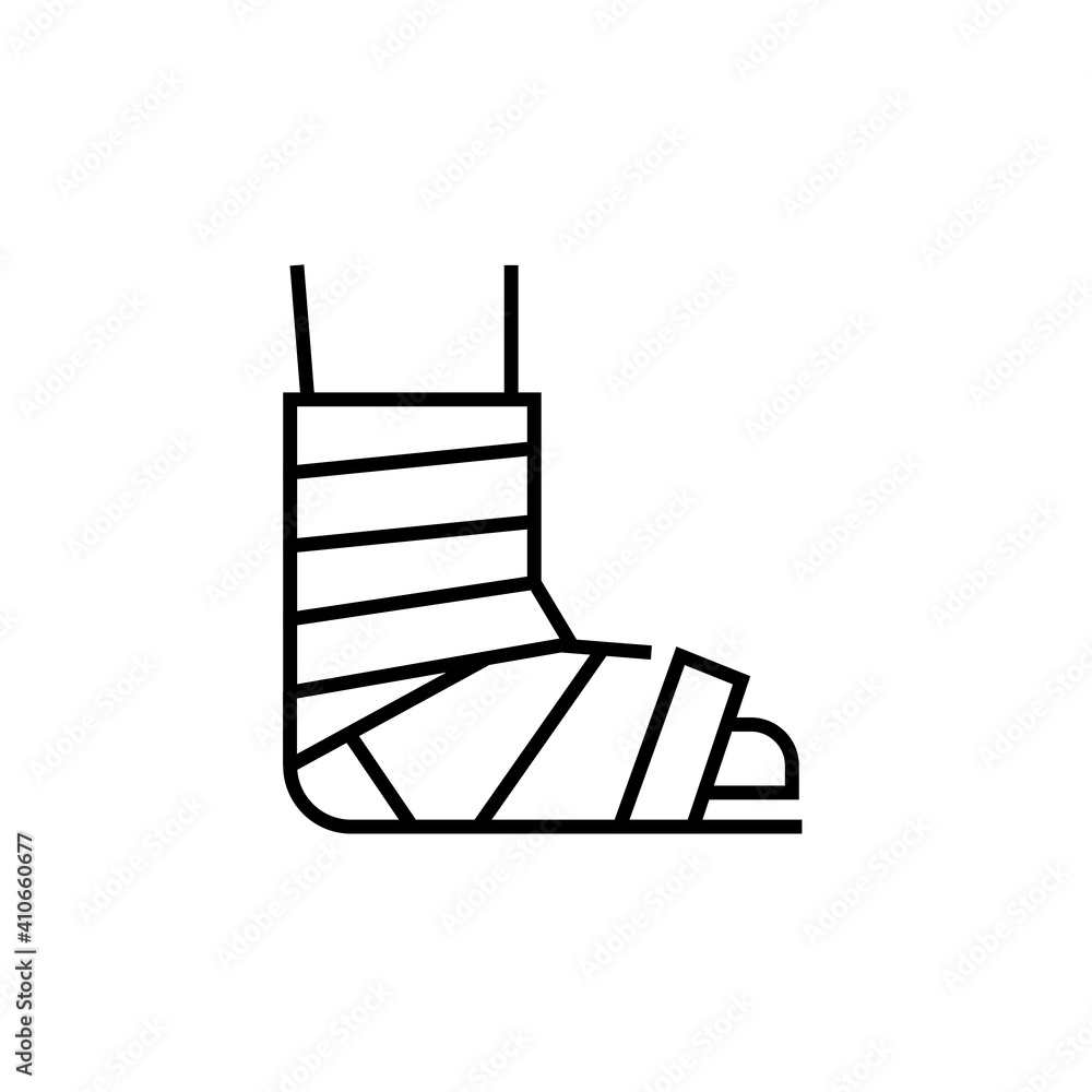 Leg in cast icon. Fracture vector illustration. Isolated contour of medical treatment on white background. Leg in cast icon. Fracture vector illustration. Isolated contour of medical treatment on white background.