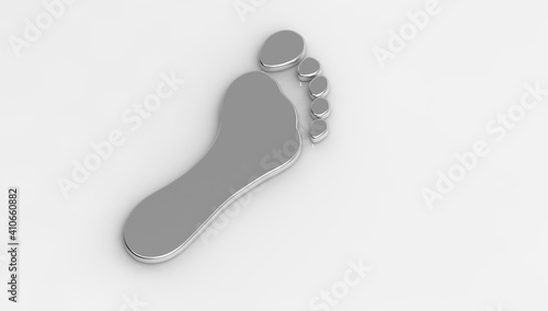 3D image. metal trace from bare feet on a white background. bare footprint