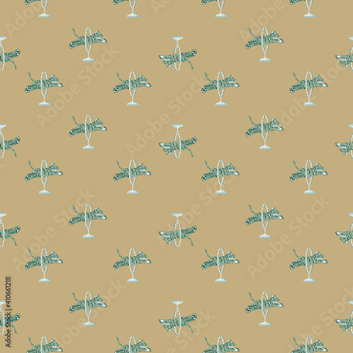 Abstract seamless zoo pattern with blue circus tigers shapes. Beige background. Little animal artwork.