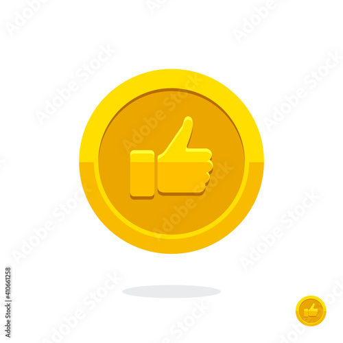 Like icon. Hand like. Thumb up. Social media sign. Seal of approval. OK sign. Like symbol. Premium quality. Achievement badge. Quality mark. Gold medal.  Coin with the Like. Gold game coin. Coin icon.