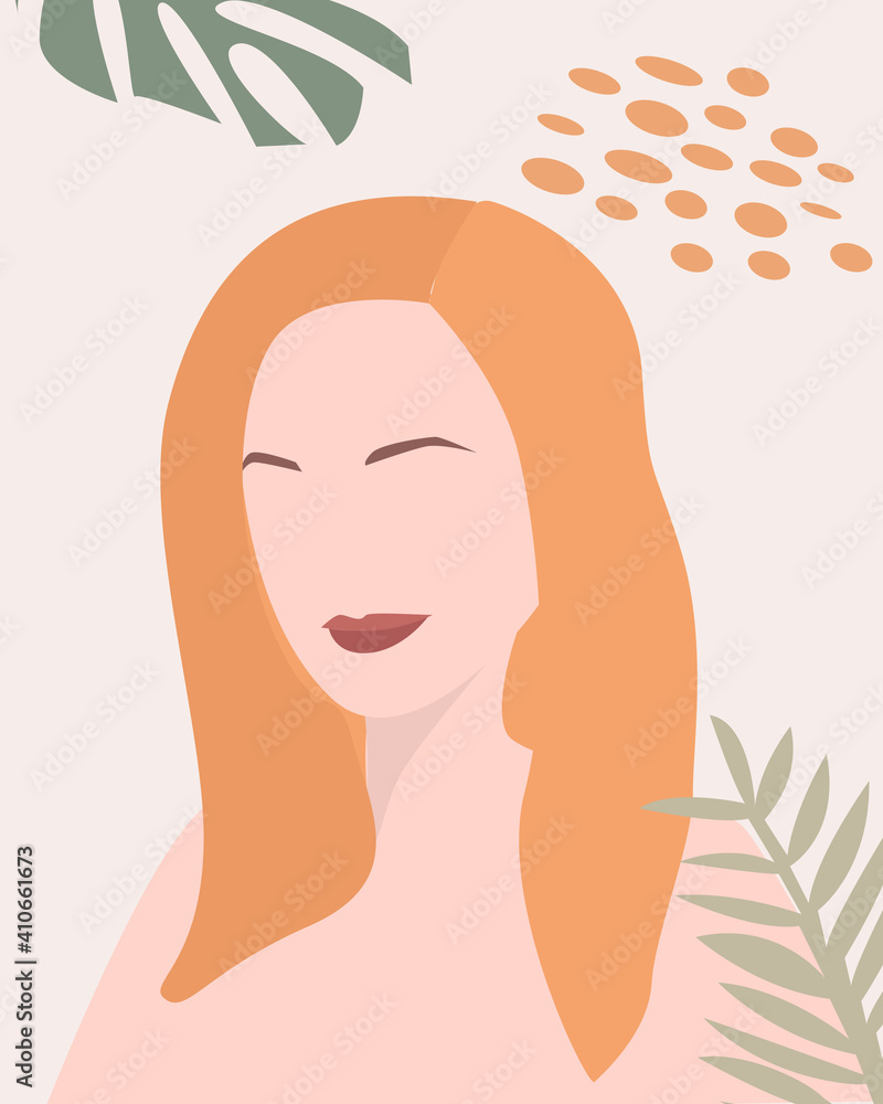 Floral woman modern womens prints. Women with flowers together. The minimal portrait of a girl. Vector illustration Floral woman modern womens prints. Women with flowers together. The minimal portrait of a girl. Vector illustration