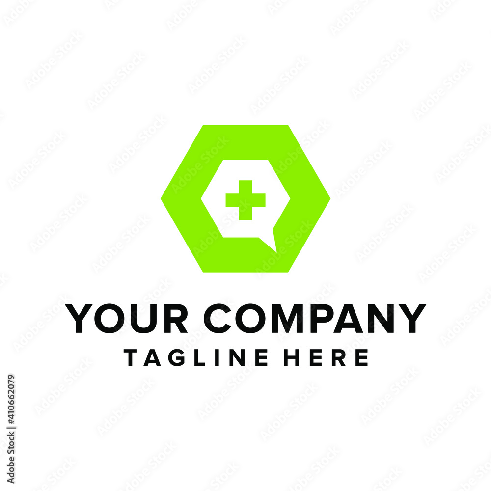 Hexagon medical cross with bubble chat logo Hexagon medical cross with bubble chat logo