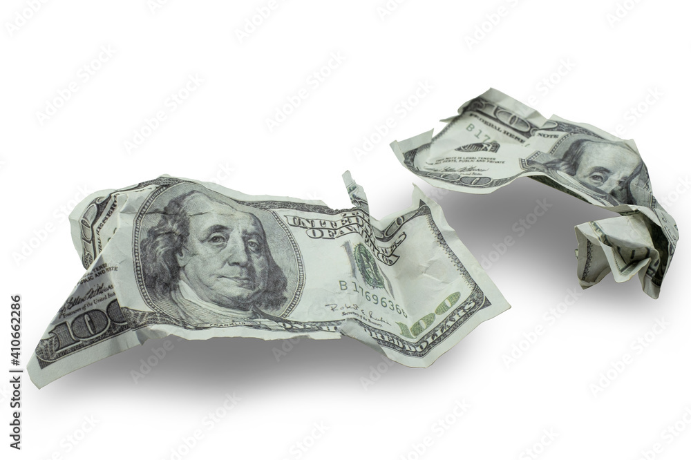 Money crushed one hundred dollar bills isolated on white background with clipping path Money crushed one hundred dollar bills isolated on white background with clipping path