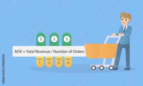 Average Order Value (AOV) formula to understand how much customers spending on your products,Survey the frequency and purchase behavior of customers,Vector illustration.