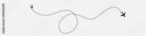 Airplane line path vector icon of air plane flight route with start point and dash line trace