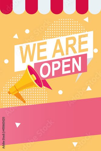 we are reopen commercial label with megaphone and parasol