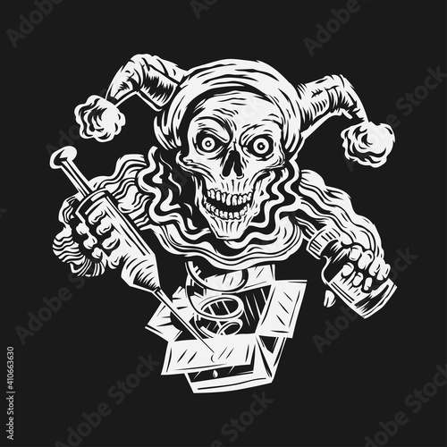 april fool day. skull holding injection and vaccine vector illustration background