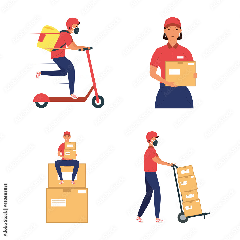 group of four delivery workers team characters group of four delivery workers team characters