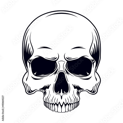 Black and white vector illustration of a human skull without a lower jaw isolated on a white background.