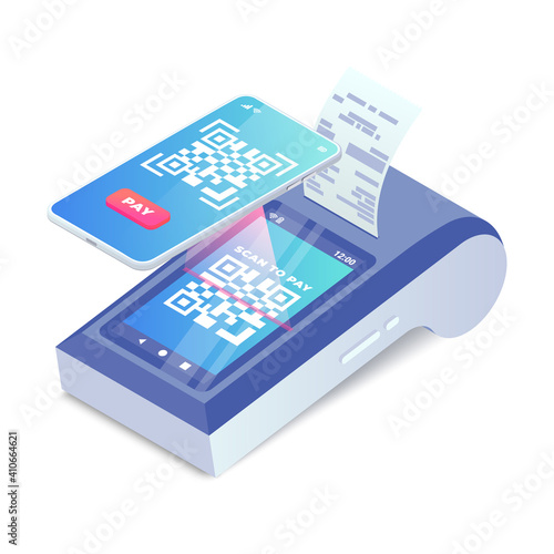 Isometric Cashless Payment machine with qr code on screen, smartphone scan to pay barcode vector concept. 3d Contactless payment, smart terminal with online cash desk print receipt