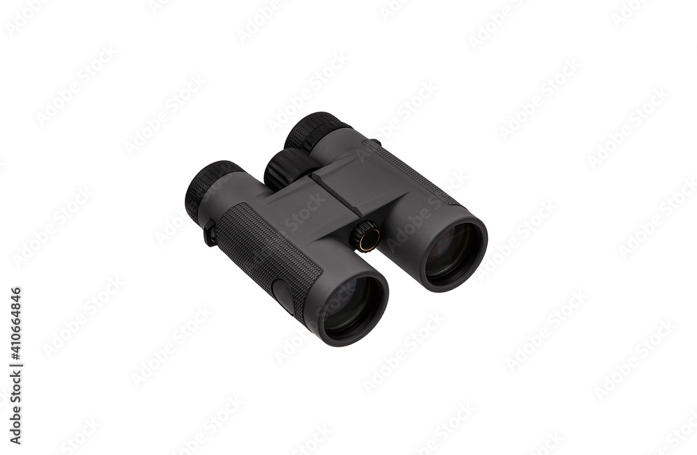 Modern binoculars isolate on a white back. Long-distance observation device. Modern binoculars isolate on a white back. Long-distance observation device.