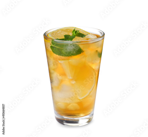 Delicious iced tea in glass on white background