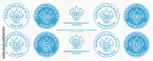 Concept - Dermatologically tested. Tested eye drops and a medical cross are a symbol of clinical examination. Drop test with a magnifying glass is a symbol of clinical examination. Vector