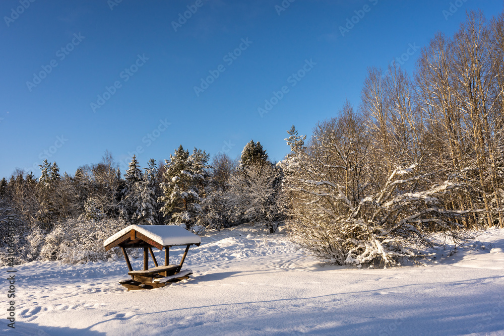 Winter road near woods. Wooden table with benches for people rest covered with thick snow. Forest trees are pines and spruces on blue sky background. Christmas winter fairy tale. Winter road near woods. Wooden table with benches for people rest covered with thick snow. Forest trees are pines and spruces on blue sky background. Christmas winter fairy tale.