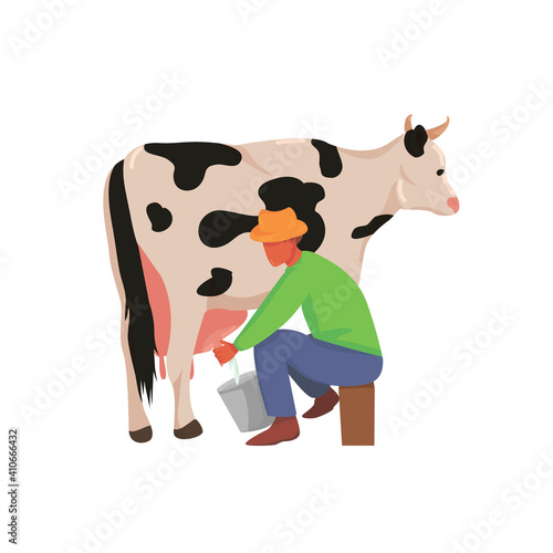 a farmer milks a cow. milking a cow. breeding cows. ranch or farm. cattle. production of dairy products. vector flat. isolated.
