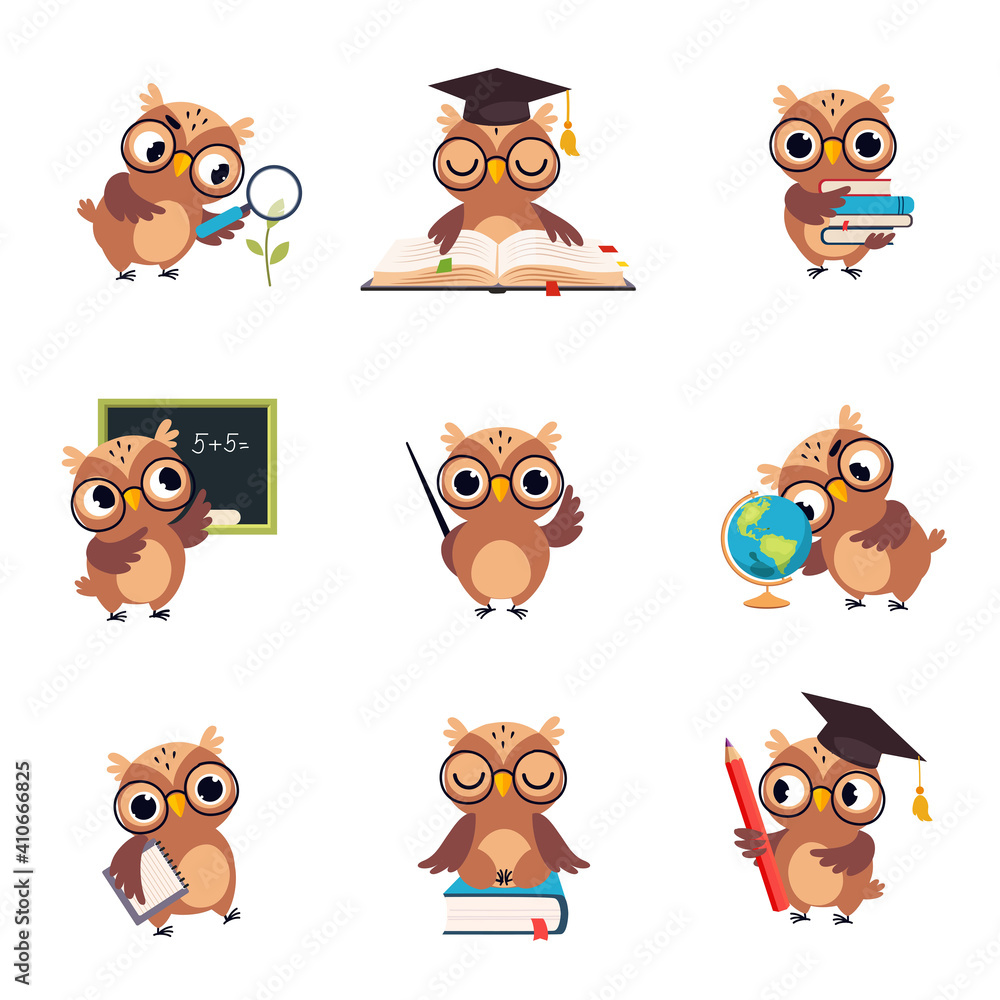 Wise Brown Owl in Various Actions Set, Cute Bird Teacher Cartoon Character Teaching at School Vector Illustration