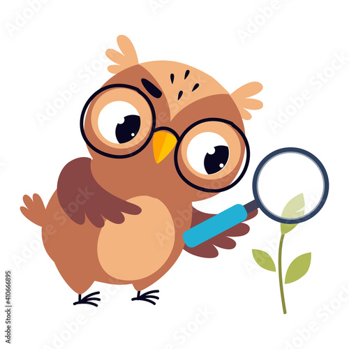 Wise Brown Owl, Cute Bird Teacher Cartoon Character Owl Examining Plant Through Magnifying Glass at Biology Lesson Vector Illustration