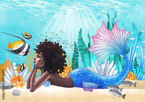 Watercolor african mermaid lies at the ocean sandy bottom among the coral reef plants and fish