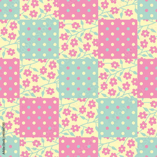 Square patchwork vector repeat pattern. Floral and polka dot illustration background.