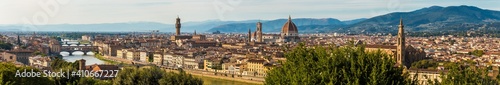 Large panorama of the historic part of Florence with the bridge Ponte Vecchio over the Arno river, Palazzo Vecchio, Duomo, Basilica di Santa Croce and behind are the hills of Settignano and Fiesole. © H-AB Photography