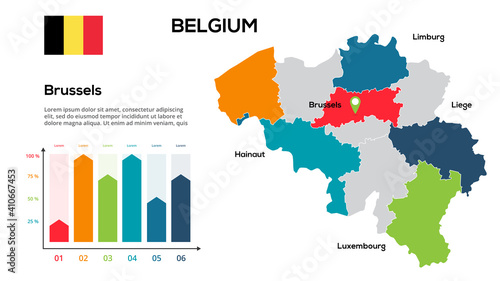 Belgium map. Vector image of a global map in the form of regions of Belgium regions. Country flag. Infographic timeline. Easy to edit